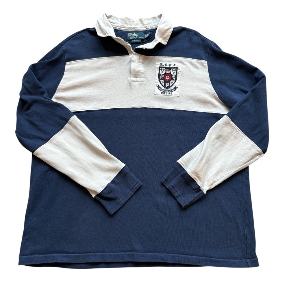RARE! VTG 90s Polo Ralph Lauren Mens 2XL Striped Rugby Shirt Crest Logo Heavy